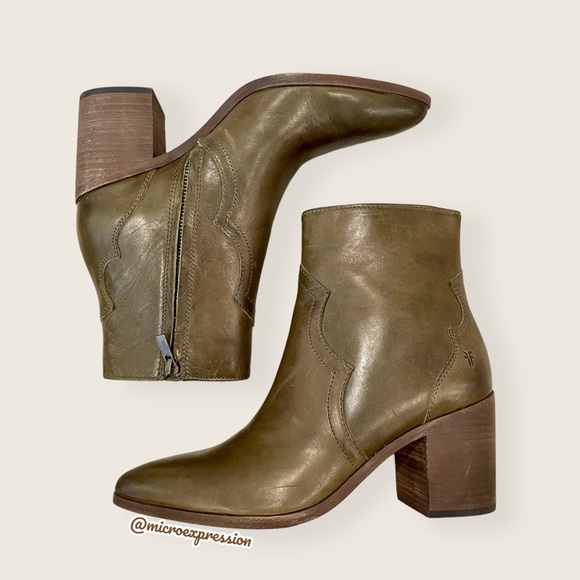 $428 Frye Flynn Short Olive Green Real Leather Zip Up Pointy Toe Heel Ankle Boot - Picture 8 of 16